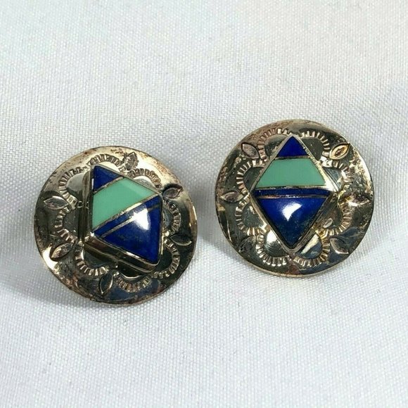 Lapis & Turquoise  Blue Geometric Earrings - Picture 1 of 5